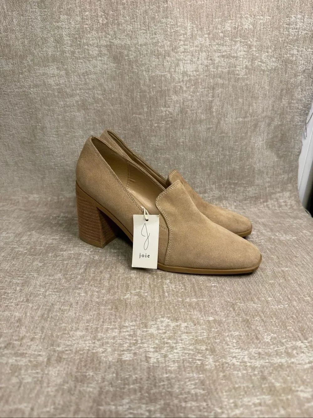 NWT Joie Womens Suede Wevenly Stacked Block-Heel Pumps Loafer Heels Tan Size 7.5